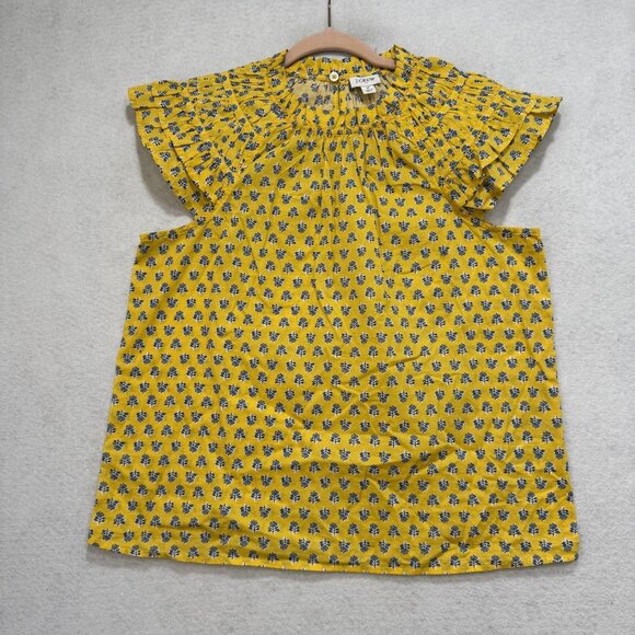 J Crew Shirt Womens Medium Yellow Blue Floral Ruffle Sleeve 100% Cotton Boho Top - Picture 1 of 9